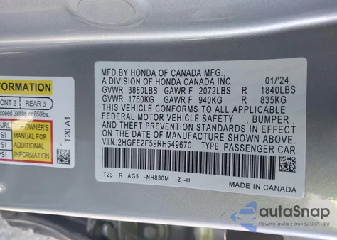 2024 Honda Civic Sport from USA, damaged, VIN 2HGFE2F59RH549670